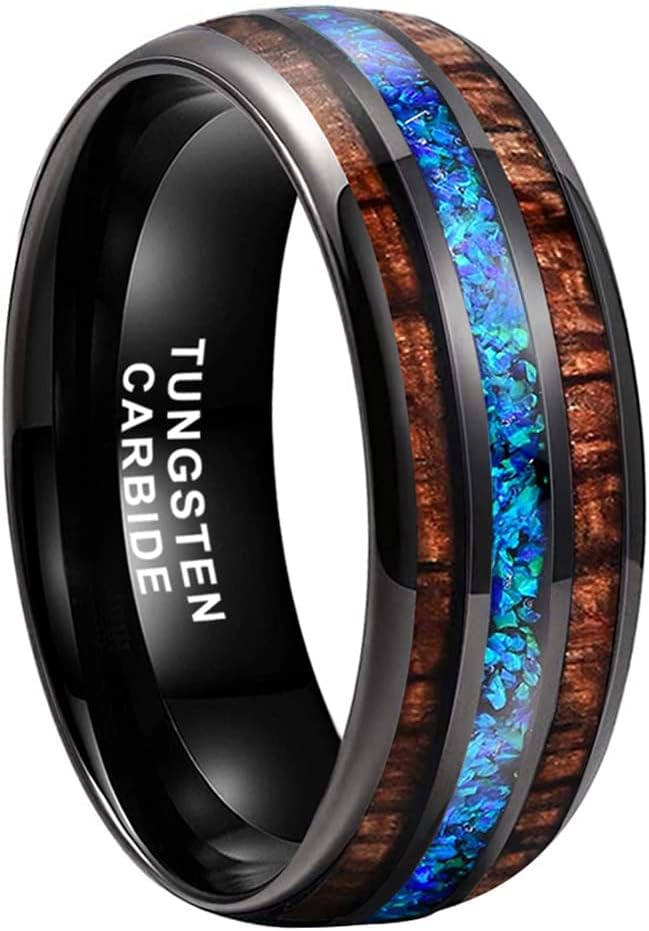 8mm Silver/Black/Gunmetal/Rose Gold Tungsten Rings for Men Women Engagement Wedding Bands Koa Wood Blue Opal Inlay Domed I Love You Engraved Comfort Fit