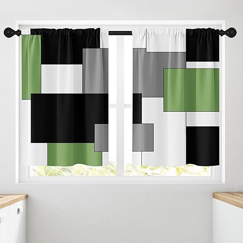 Vista 176 de Cortinas geométricas de cocina negras y grises de 63 pulgadas de largo, juego de 2, cortinas grises y blancas para dormitorio, sala de estar, Gris