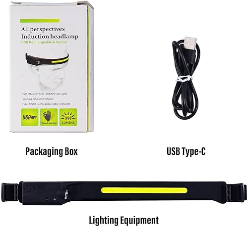 Miniatura 8 de LED de haz ancho recargable, faro con sensor de movimiento, 5 niveles de luz, diseño ligero para correr, al aire libre, campamento, pesca, trabajo