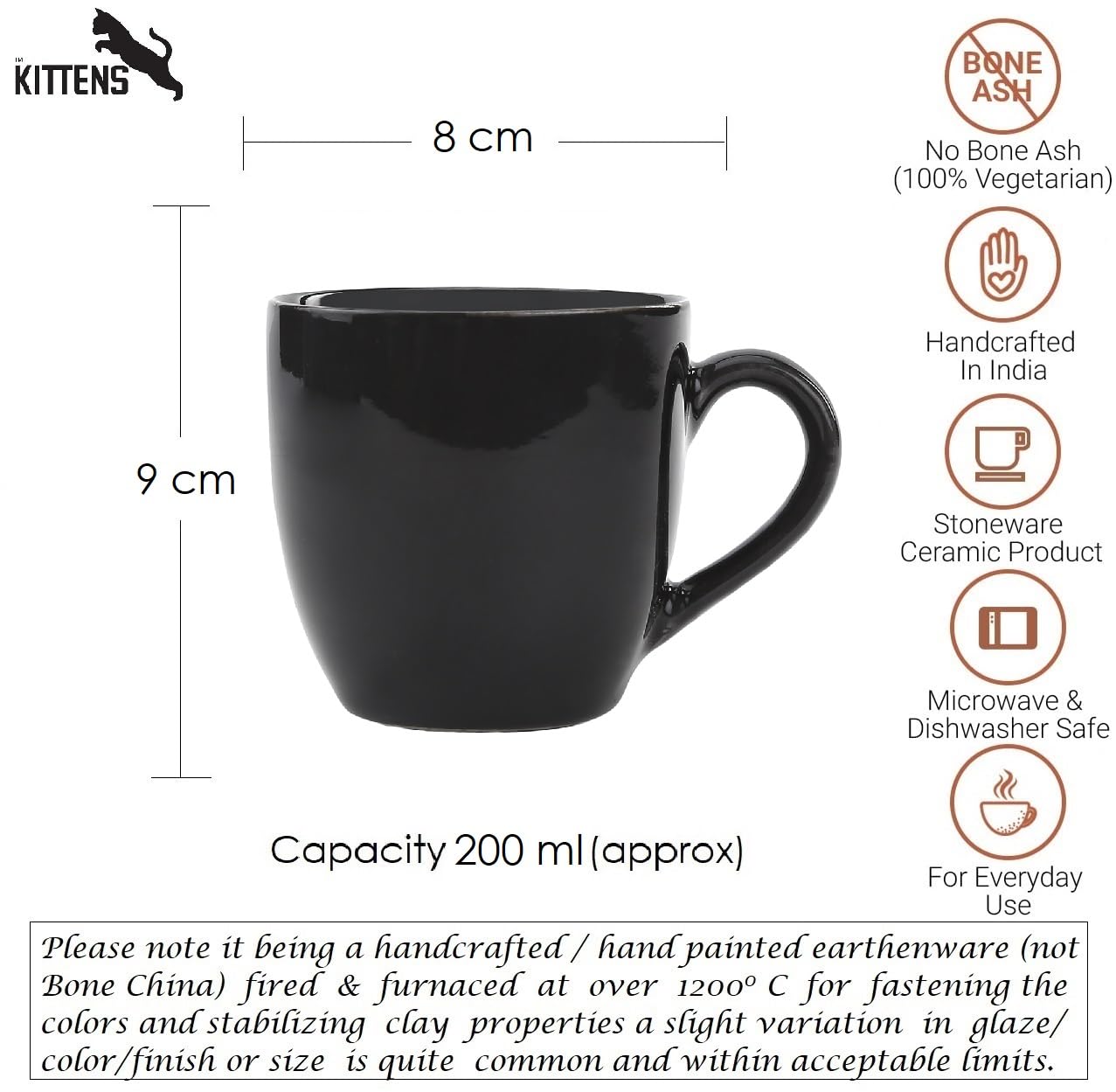 KITTENS Ceramic Tea Cup Set of 4 (200ml) - Glossy Black, Handcrafted, Food Grade Material, Microwave & Dishwasher Safe, Daily Use Cups, Made in India 3