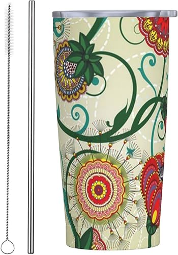 Evealyn Vaso de acero inoxidable de 20 onzas con estampado floral vintage con tapa y pajita, taza de café reutilizable de viaje para bebidas frías y