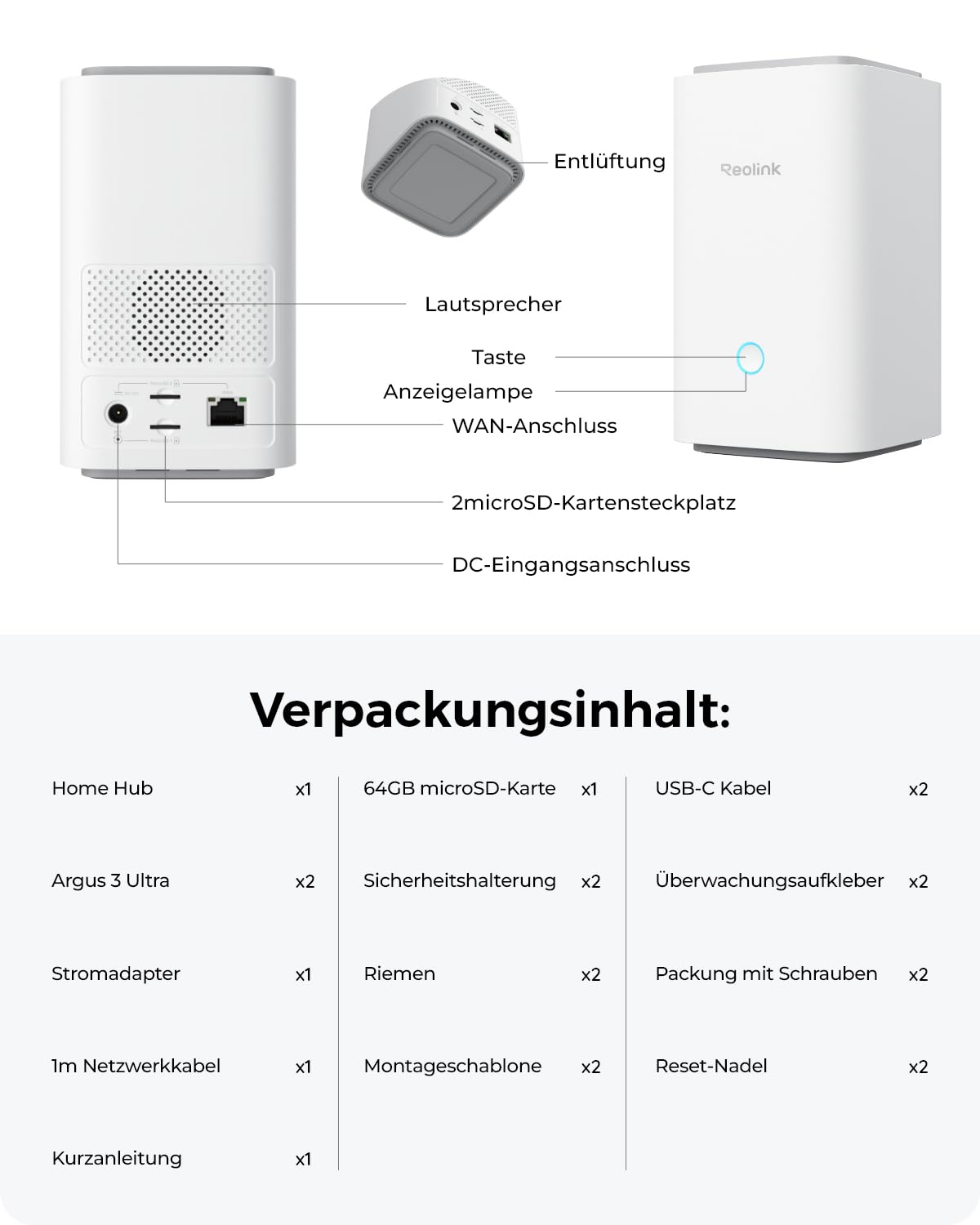 Reolink 4K Überwachungskamera Aussen Akku Set mit Home Hub, Farbnachtsicht | Zentrale Verwaltung & Lokaler Speicher, Ohne ABO, Bank-Level-Verschlüsselung, 2.4/5GHz WLAN, Argus 3 Ultra 2-Kamera-Set