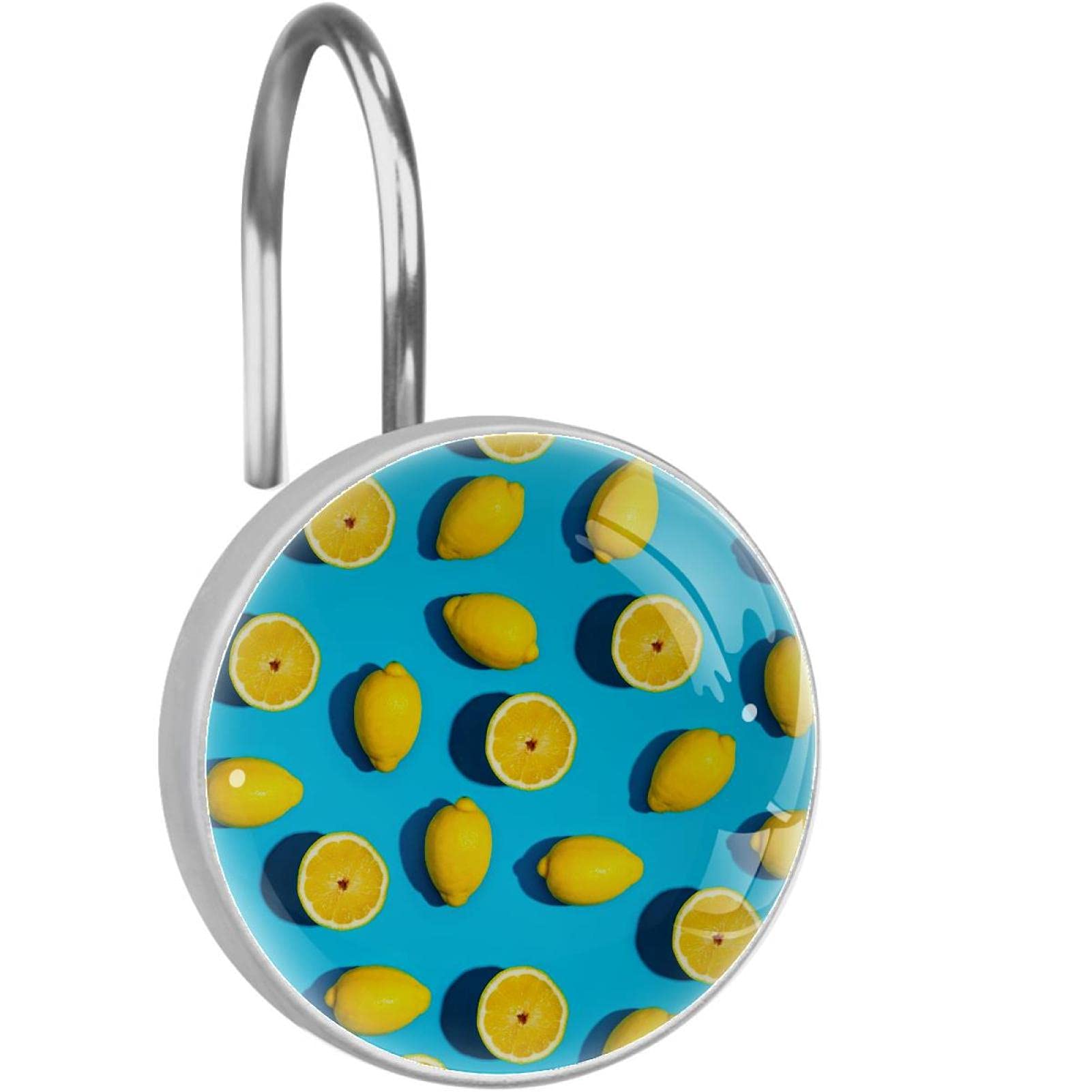 Crochets rideau de douche inox lot 12 anneaux salle de bain anti rouille motif citron bleu