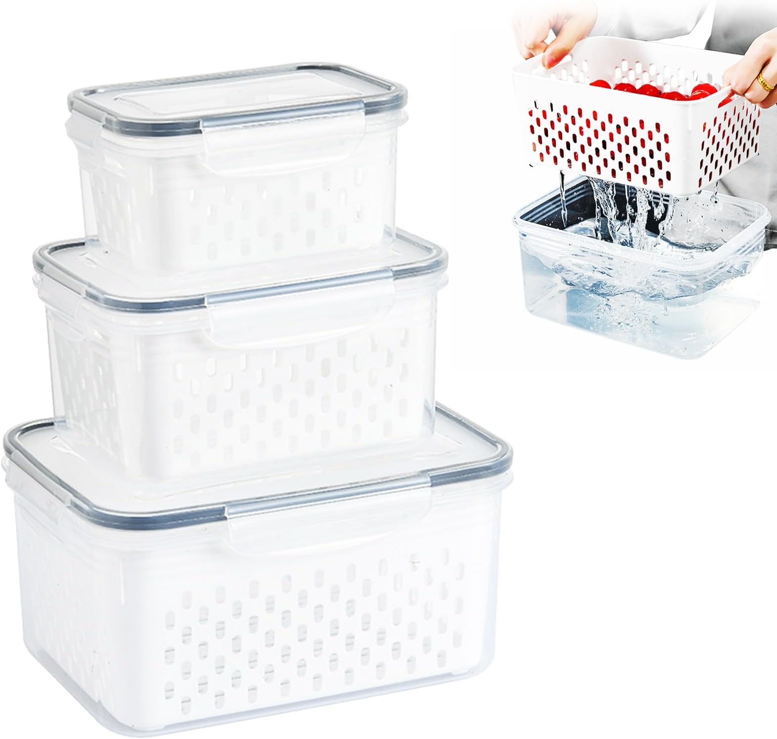 VAODO Food Storage Containers with Drainage Basket, Food Fresh Box, Fridge Vegetable Storage Containers, for Fruits, Salads, Lettuce, Berries, set of 3