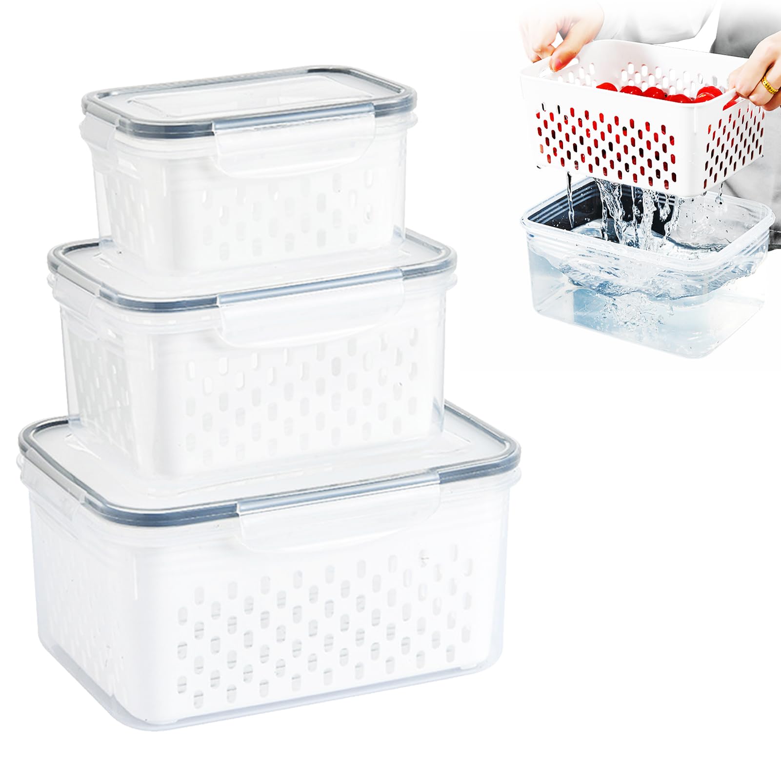 VAODOFood Storage Containers with Drainage Basket, Food Fresh Box, Fridge Vegetable Storage Containers, for Fruits, Salads, Lettuce, Berries, set of 3
