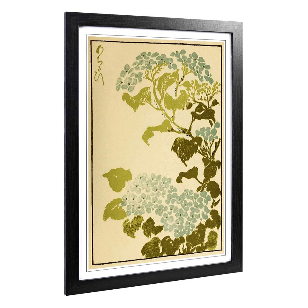 Big Box Art Framed Print of Hydrangea Japanese Oriental Design | Wall Art Picture | Home Decor for Kitchen, Living Room, Bedroom, Hallway, Black, A2 / 24.5x18 Inch / 62x45cm