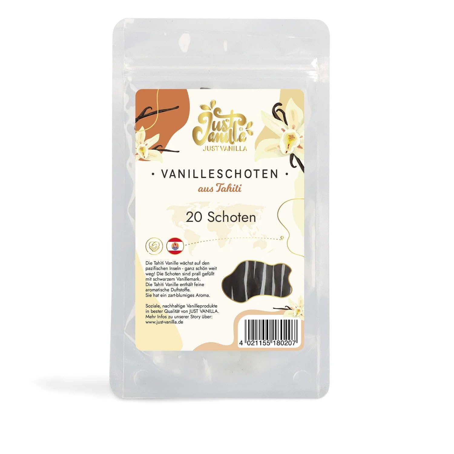 JUST VANILLA Bourbon Vainas de Vainilla 20 Piezas Enteras 42 Gramos Premium Tahití Vainilla Varillas para hornear, Cocinar, Extraer, Refinar Platos Dulces