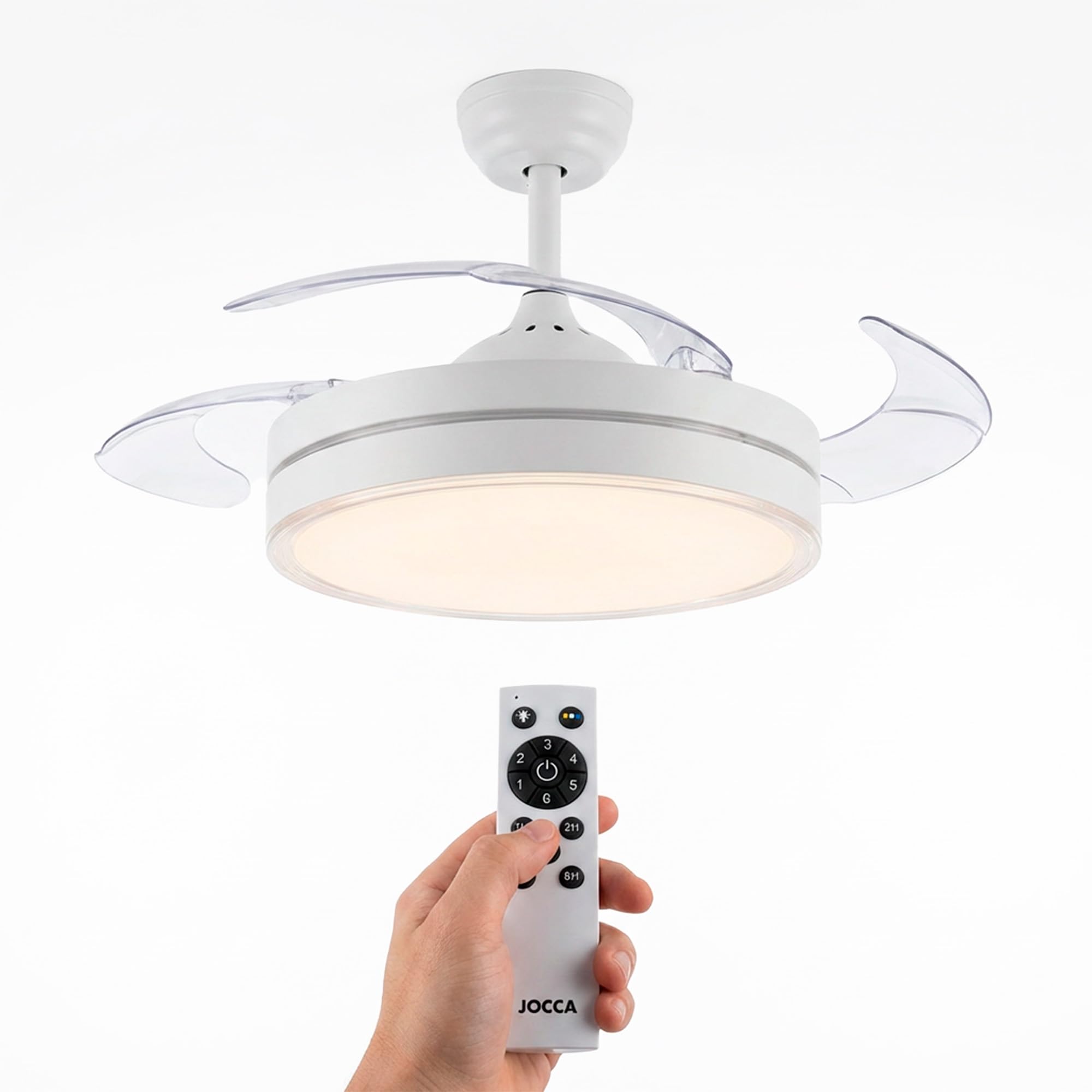 Jocca - Wentylator sufitowy z przyciemnianym światłem LED | Wentylator z naturalnego drewna | Pilot zdalnego sterowania | Timer | Funkcja letnia i zimowa (chowana biel)