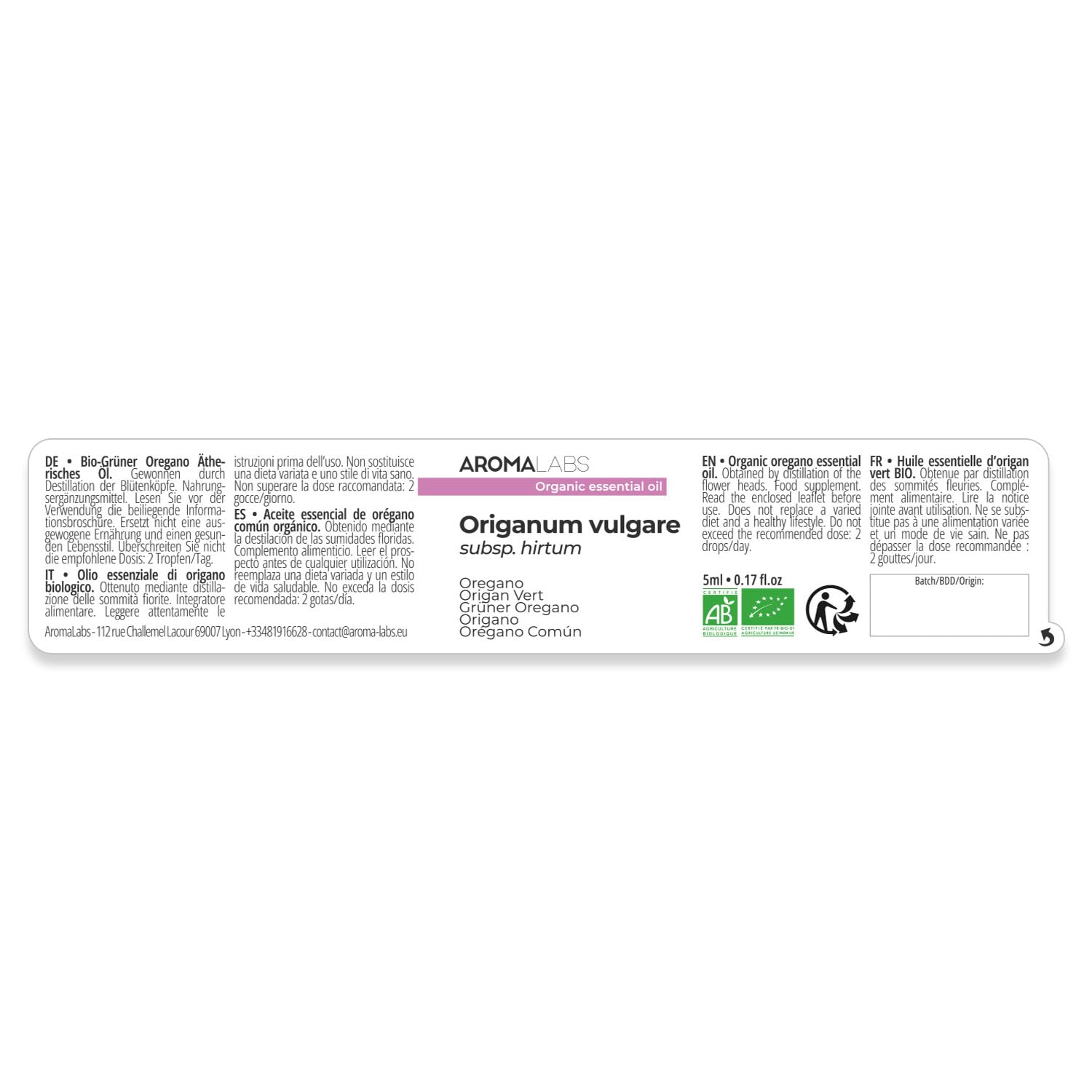 Origano Verde BIO (Origanum vulgare subsp. hirtum) - 5 mL - Olio Essenziale Chemiotipizzato e Certificato AB - Difese naturali - Aroma Labs - Made in France
