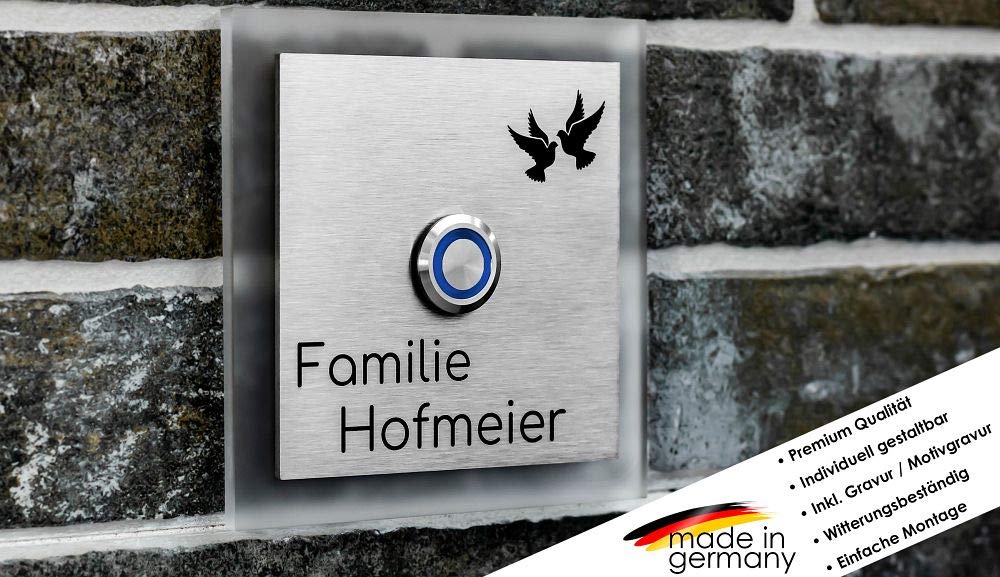 Beleuchtete Edelstahl Türklingeln mit Gravur und über 100 Motive | Gravierte Klingelplatte mit Led-Beleuchtung Größe: 10x10 cm Klingel-Taster Klingelschild Namen