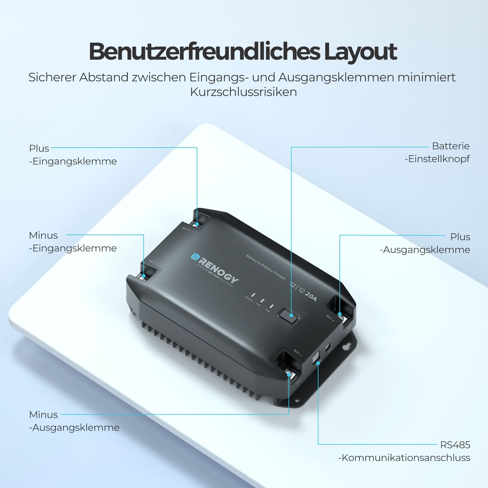 Renogy DC zu DC Batterie Ladegerät 12V 20A, Intelligent DCDC Batterieladegerät Laderegler Solar für Flut-, Gel-, AGM-, Lithium-Batterien, für Wohnmobile, Lastwagen, Nutzfahrzeuge, Boote, Yachten, 300W