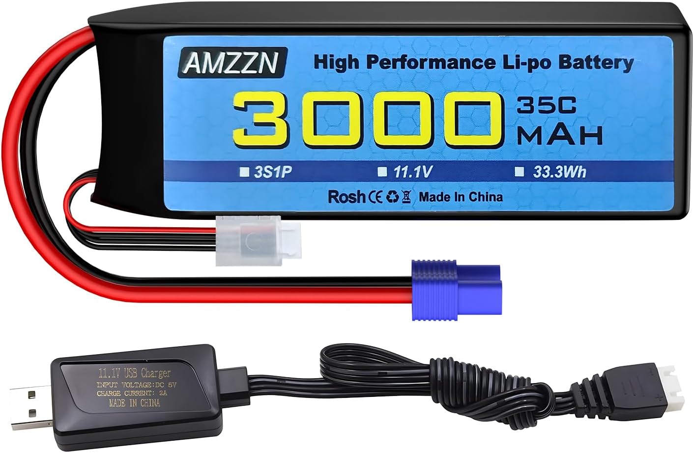 3S Lipo Battery 11.1V 3000mAh 35C with EC3 Plug and USB Charging Cable for RC Car,Truck,Model Car,RC Ship,RC Quadcopter Aircraft,FPV Drone Battery