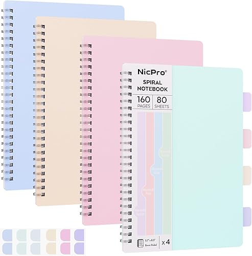 Miniatura 1 de Nicpro Paquete de 4 cuadernos en espiral, cubierta pastel, cuaderno A5 con rayas universitarias de 5.9 x 8.3 pulgadas, papel grueso, 1 materia, 80