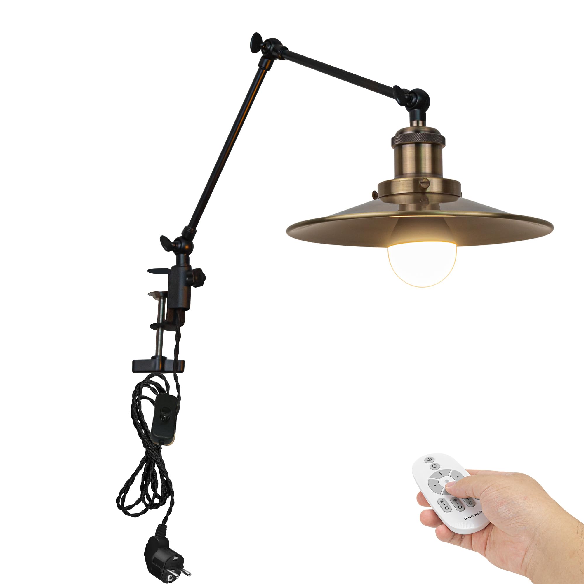 Industrial Klemmleuchte mit Fernbedienung, Einstellbar Clip auf Schreibtisch Leselampe,Dimmbar Clamp Nachttischlampe mit Flexarm für Schreibtisch Nachttisch Regal Bronze- TD/2773