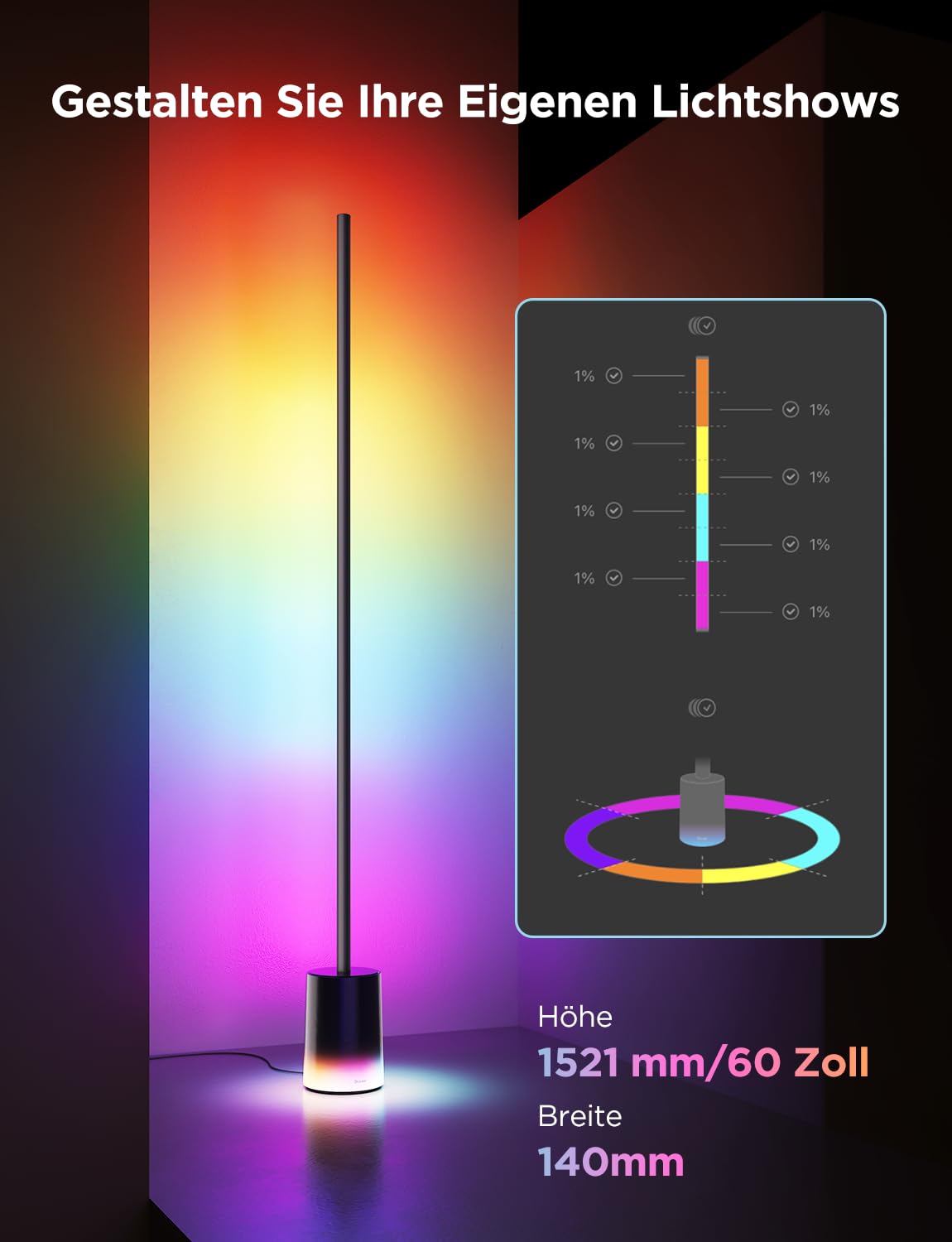 Govee LED Stehlampe Dimmbar RGBIC, 1725LM Stehlampe Wohnzimmer Arbeiten mit Matter,152cm RGBIC Moderne Schwarz,16 Millionen Farben Szenenmodi, Musikmodus für Deko Schlafzimmer Spielzimmer
