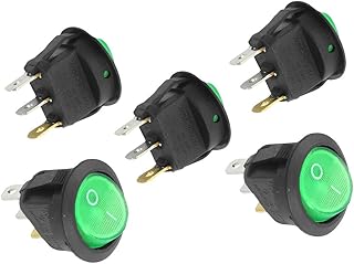 Aexit 5 Pcs Wall Switches 3 Pin SPST Green Neon Light On/Off Round Rocker Switch AC Dimmer Switches 6A/250V 10A/125V