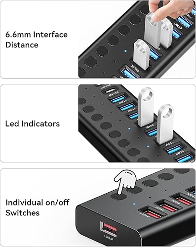 Miniatura 7 de Hub USB 3.0 alimentado, divisor de concentrador USB de 16 puertos (10 USB-A 3.0+2 QC 24W carga rápida+2 carga inteligente+2 puertos USB-C 3.0),