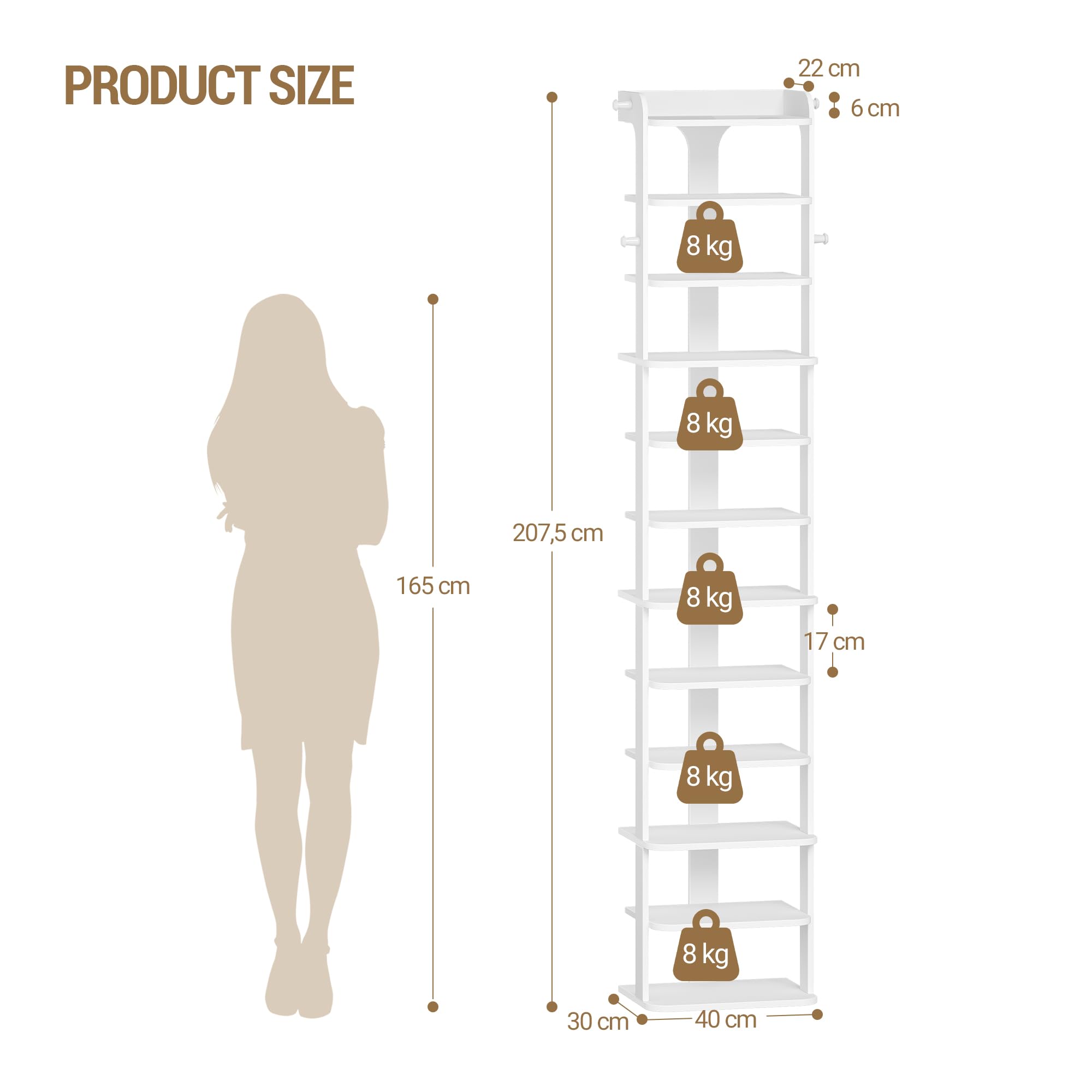 Hzuaneri Schuhregal, 12 Ebenen, Platzsparend, mit Haken, 40B cm, Weiß | Holz-Schuh-Organizer, VerstellbarGeeignet für Eingang, Flur, Wohnzimmer, SR22203X