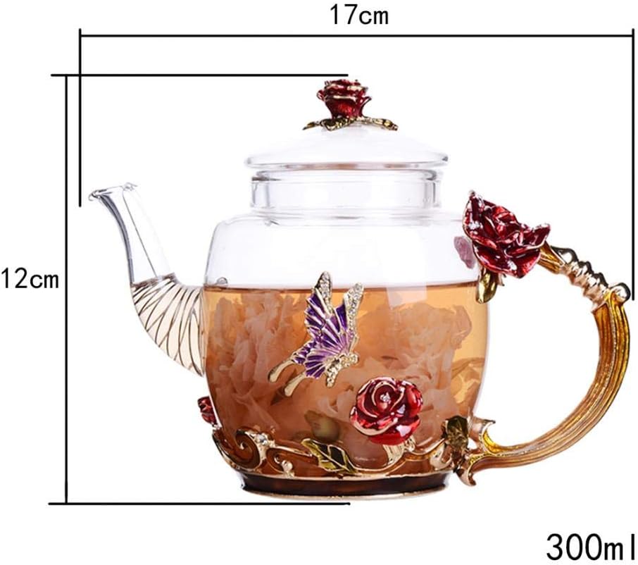 Uр Tо 40% оƒƒ Floral Glass Teapot with France Enamel Flower Butterfly Decoration Safe Durable Floral Vintage Teapot（10.6oz / 300ml） (Blue)