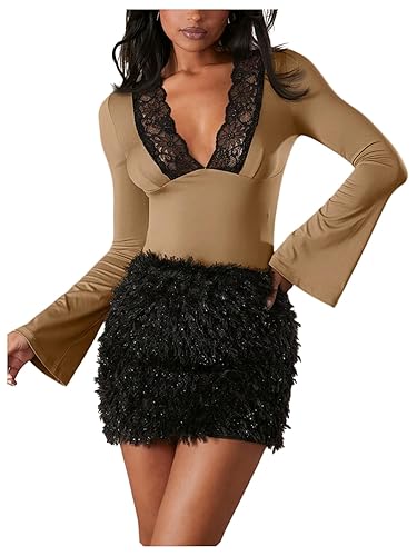 MakeMeChic Women's Lace Tops Deep V Neck T Shirt Bell