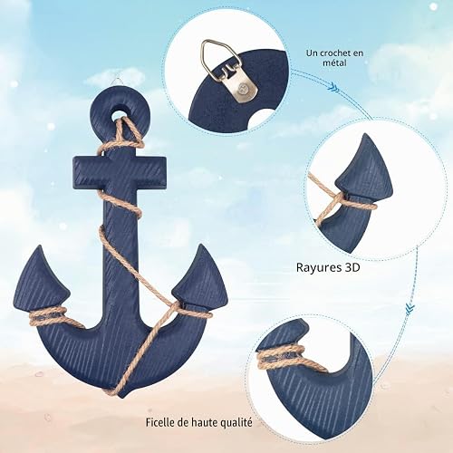 Fangoo 2 Pack 28 CM Wooden Ship Wheel and 33 CM Wood Anchor with Rope Nautical Boat Steering Rudder Wall Decor Door Hanging Ornament - 7