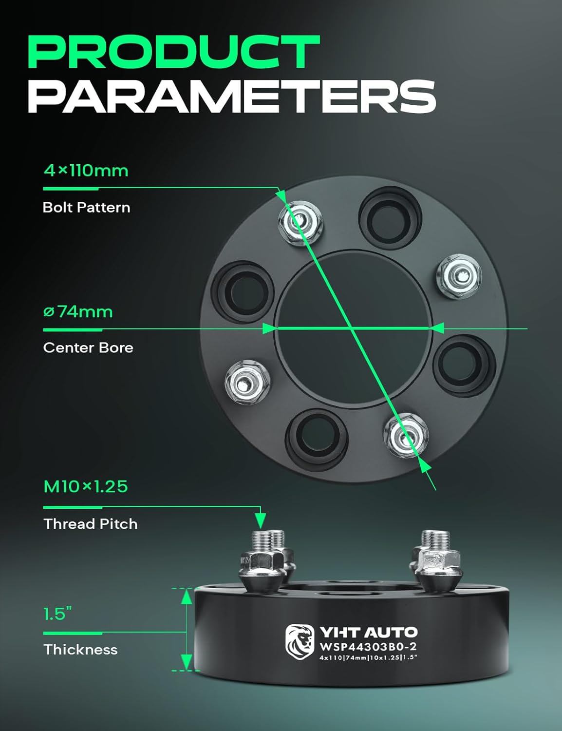 YHTAUTO 4X110mm Wheel Spacers 1.5 Inch Fits Honda, Suzuki, Can-Am, Bombardier, Kawasaki, Yamaha, King Quad, Foreman Tire Spacers w/ M10x1.25 Studs, 74mm Center Bore 4 Lug 2PCS Black