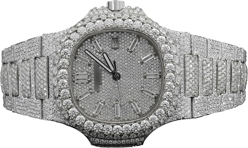 Luxury Moissanite Diamond Iced Out Watch – Fully Paved Diamond Simulated Bezel Rose Gold &amp; Silver FinishvBaguette Hour MarkersbDate Display Men&#39;s Hip Hop Bling Wrist Watch Statement Timepiece Watch