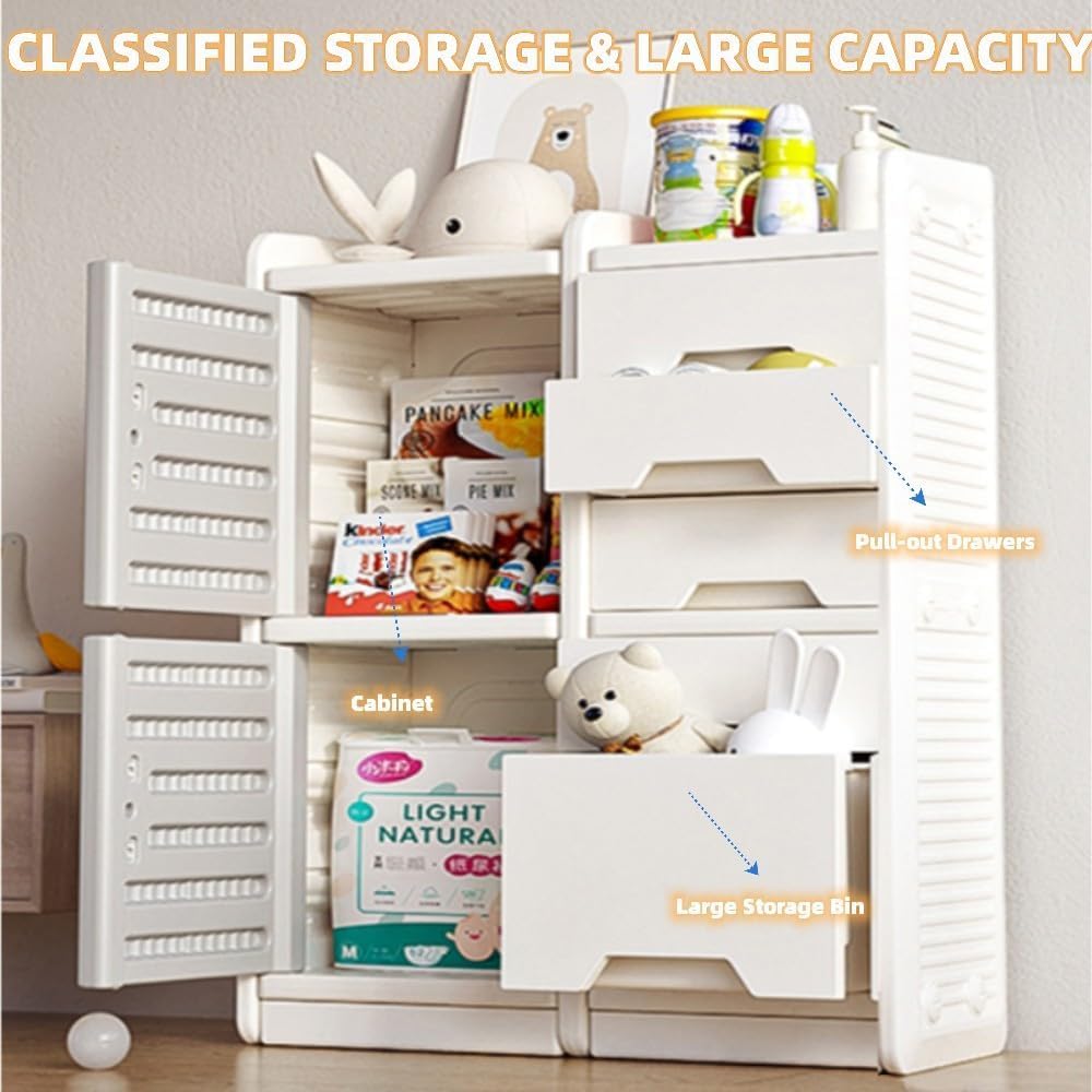 Kids Toy Storage Organizer with Drawers, Grey/White Toddler Toy Storage Shelf with 7 Toy Organizers and Storage Bins