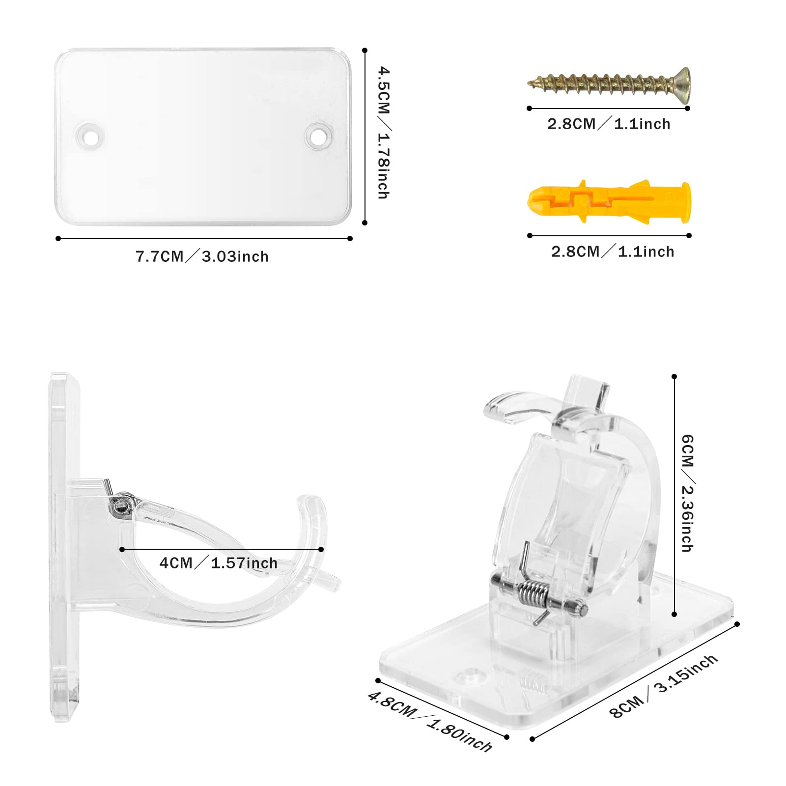 4PCS Transparent Curtain Pole Bracke?No Drill Curtain Rod Brackets Self Adhesive Curtain Rod Hooks Curtain Hangers for Poles Less Than 40mm in Diameter Pole with Screws (Curtain Rod Not Included)