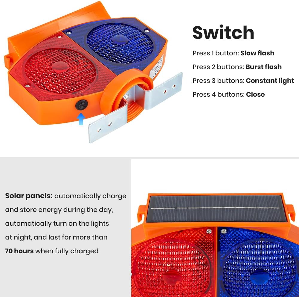Solar Strobe Warning Light, 3 Working Modes Double Side Red Blue Flash Traffic Lights Wireless Rechargeable Waterproof Safety Barricade Warning Lights for Road Construction (Screws)