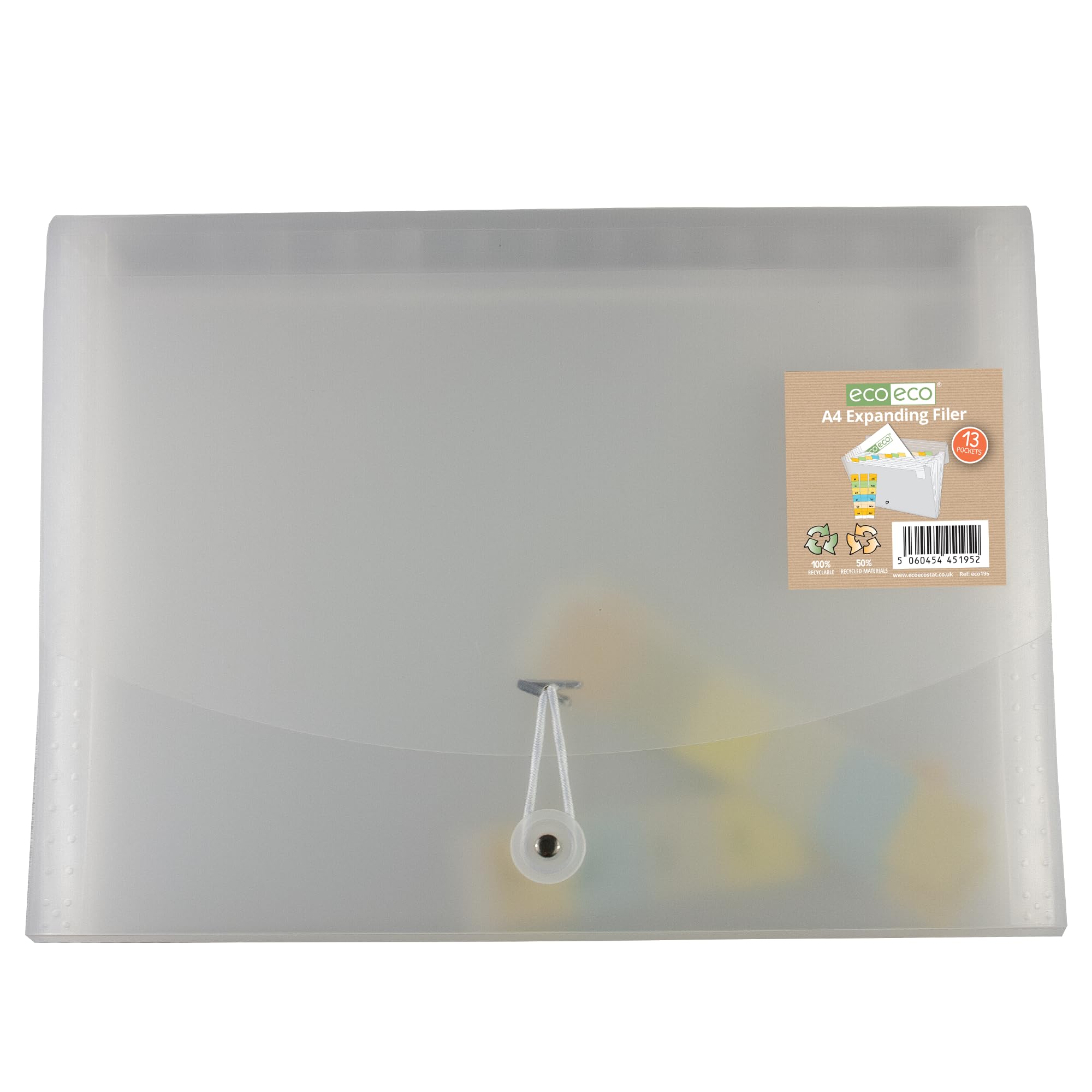eco-eco A4 50% Recycled 13 Clear Pocket Clear Cover Expanding File Organiser - Document Folder - Printed Index Tabs, eco195