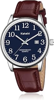 Kakabi Watch for Men, Easy Reader Unisex Analog Quartz Waterproof Wristwatch with Date and Leather Band, Casual Simple Fashion Mens Watches Gift