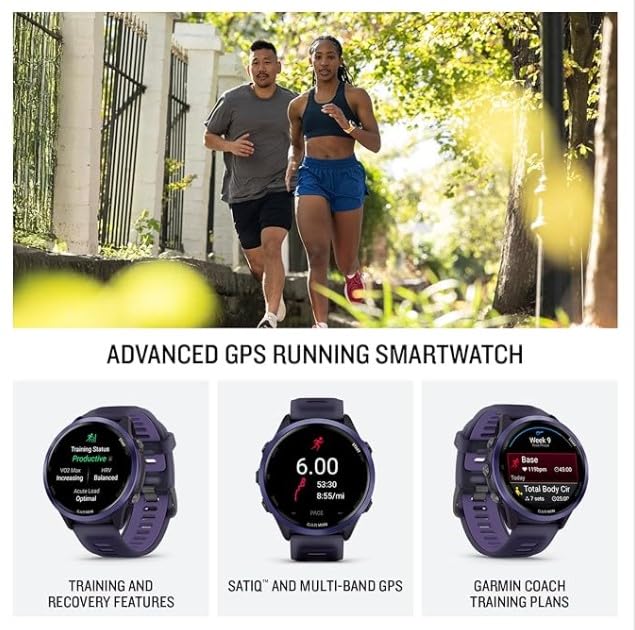 Image of Garmin Forerunner 570 47mm Advanced GPS Running & Triathlon Smartwatch AMOLED Display, Training & Recovery, Indigo Aluminum w /Translucent Imperial Purple /Indigo Band w / Wearable4U White EarBuds Bundle