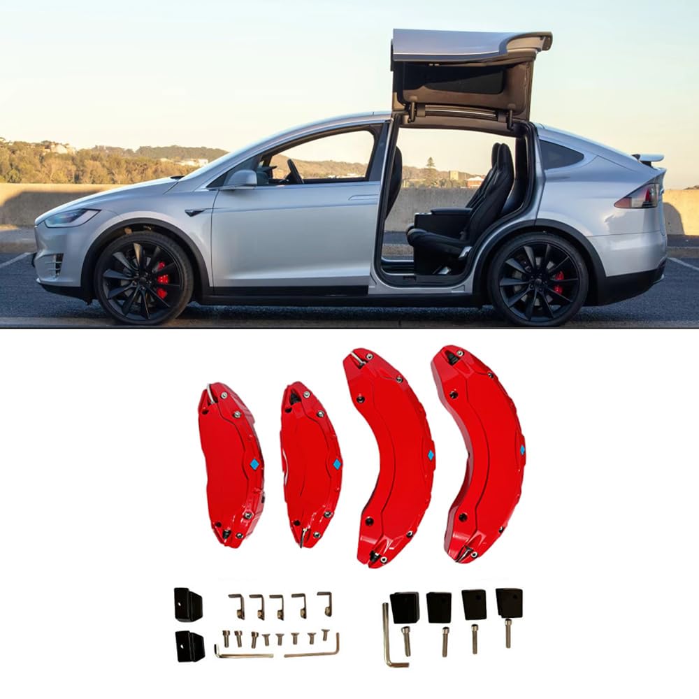 MASO Juego de 4 cubiertas de pinza de freno delanteras y traseras, cubiertas de pinza de freno, cubiertas de pinza compatibles con Tesla Model X S 2017-2021