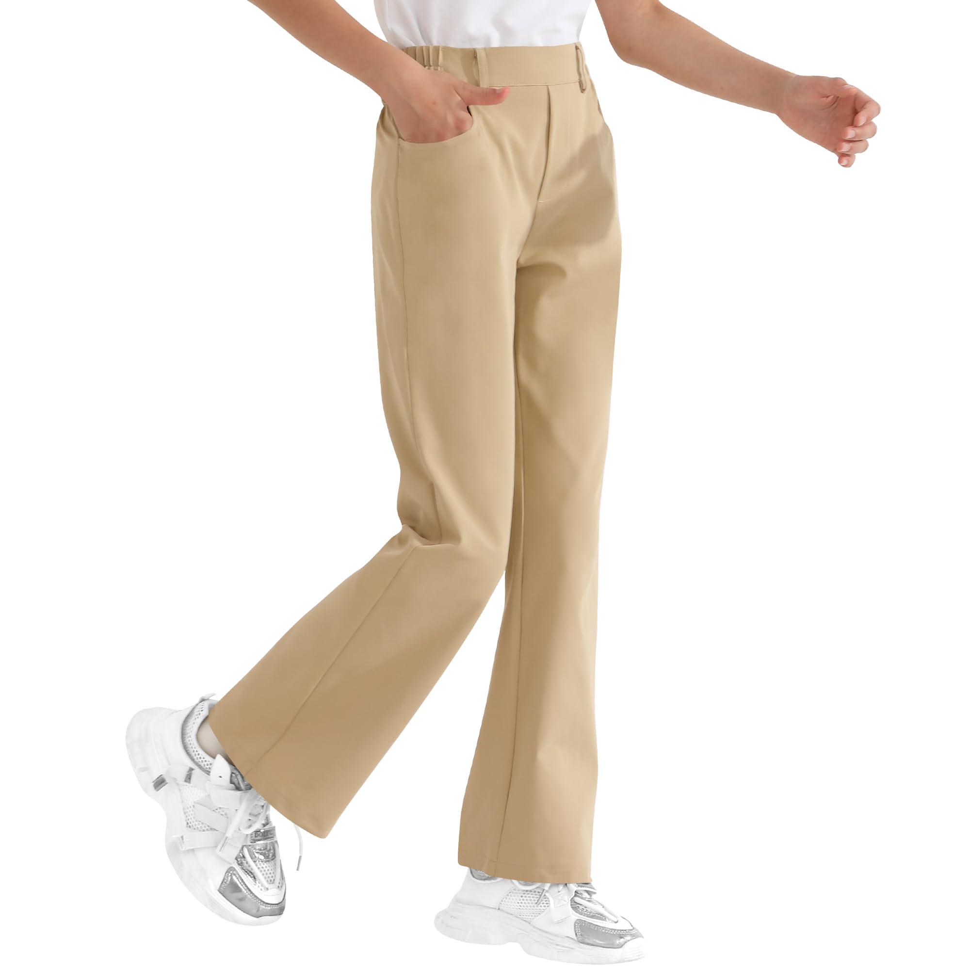 Dreammonkey Girls Flare Dress Pants Kids Bootcut School Uniform Slacks with Half Elastic Waist Size 6-15 Years