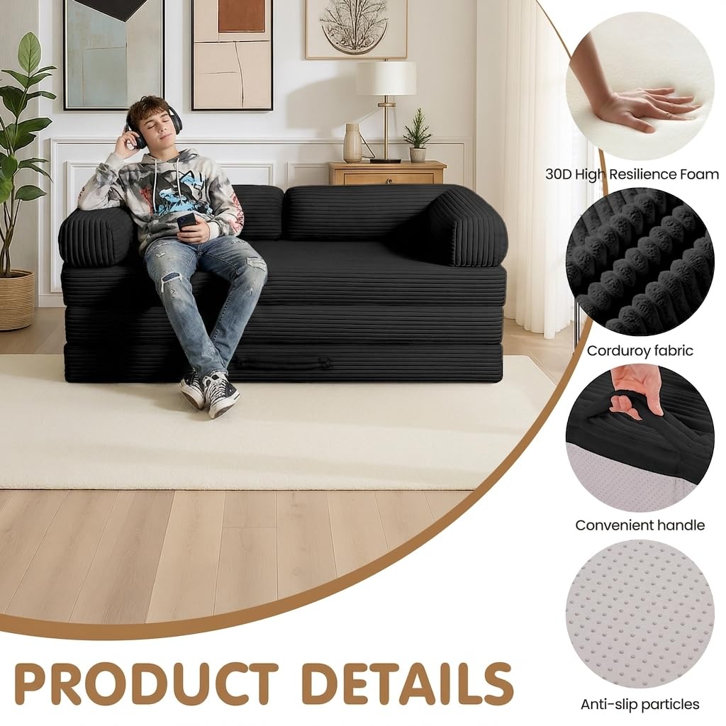 Convertible Sofa Bed Full,5-in-1 Tri-Fold Boneless Couch with Removable Armrests & Handle,Corduroy Futon Sleeper Sofa,Floor Folding Mattress Pull Out Bed for Small Space Apartment Bedroom Black