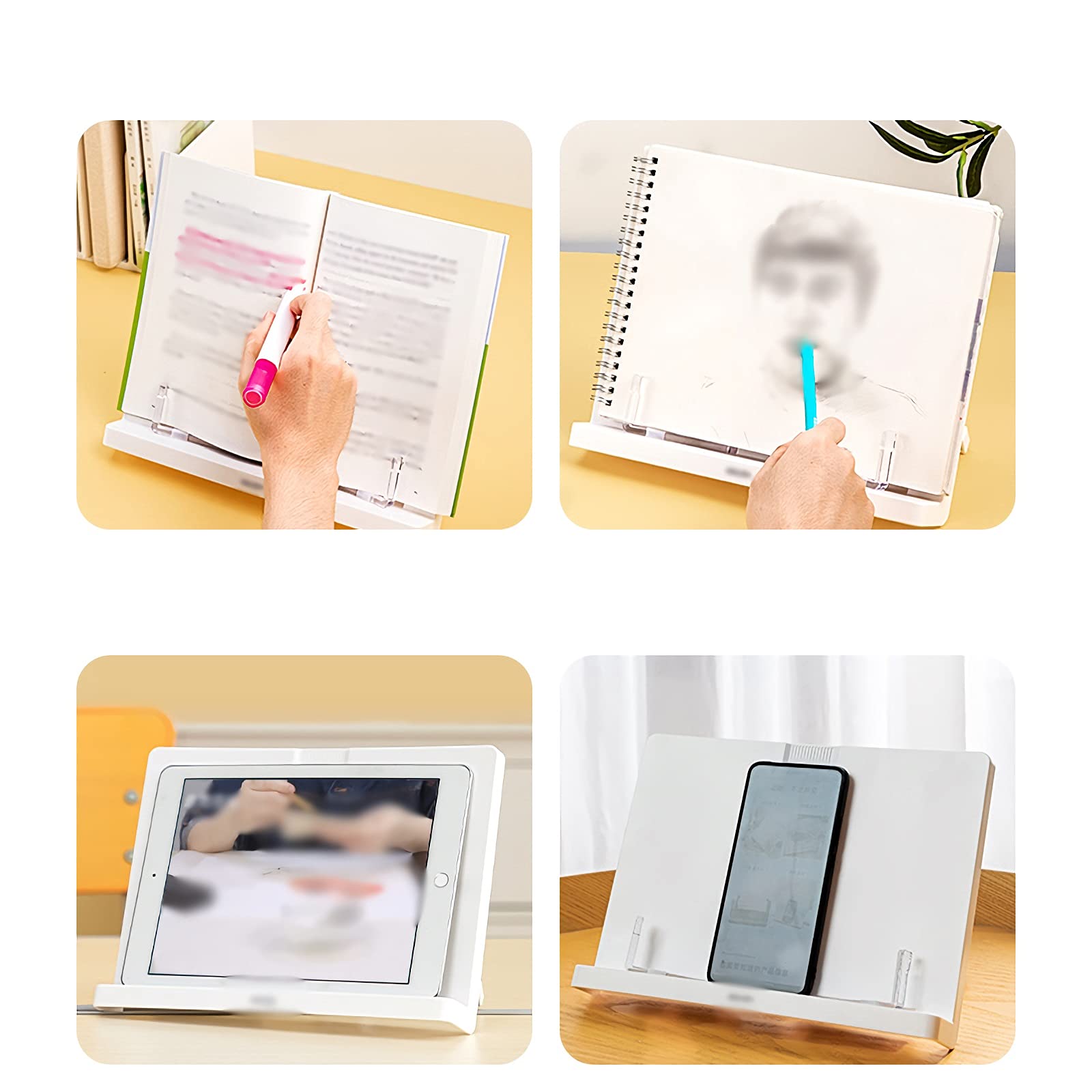 Stojak na książki/stojak na książki 10 x 8 cali Stojak na książki do czytania Książka kucharska, podręcznik, nuty Tablet Smartfon z możliwością regulacji kąta 180°, białe stojaki na książki do czyta