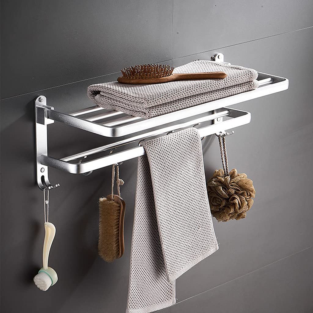 Space Aluminium Handtuchregal Doppelt Faltbarer Handtuchhalter Handtuchhalter mit Haken für Badezimmer Hotel Küche Wand Silber/50cm