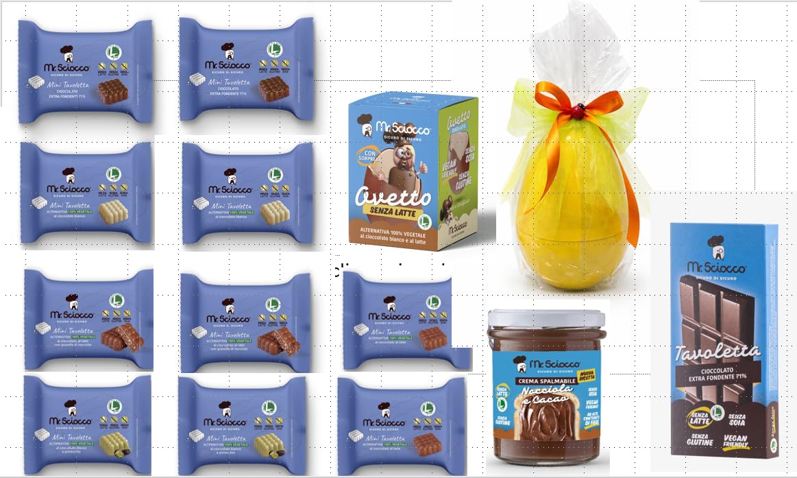 UOVO DI PASQUA con prodotti Mr.Sciocco TUTTI ALTERNATIVA 100% vegetale al cioccolato: mini tavolette, ovetto, crema spalmabile, tavoletta, ovetto, Senza Glutine, Senza Latte, Senza Lattosio