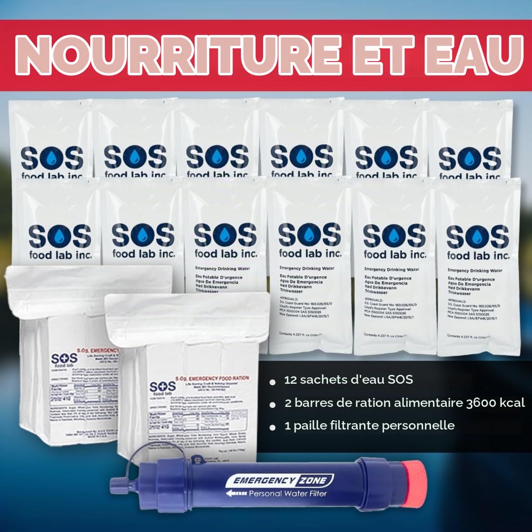 Emergency Zone The Essentials Deluxe Kit de Survie de 72 Heures, préparez votre famille pour les ouragans, tremblements de terre, inondations, disponible en 2 et 4 personnes, rouge ou noir
