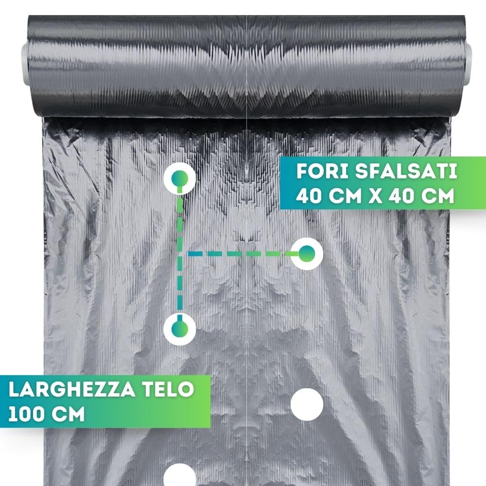 DI GIULIO SRL Telo PACCIAMANTE 100 MT x 1 MT Fori SFALSATI 40x40 Copertura Terreno ANTIERBACCE PACCIAMATURA | Bio Orto
