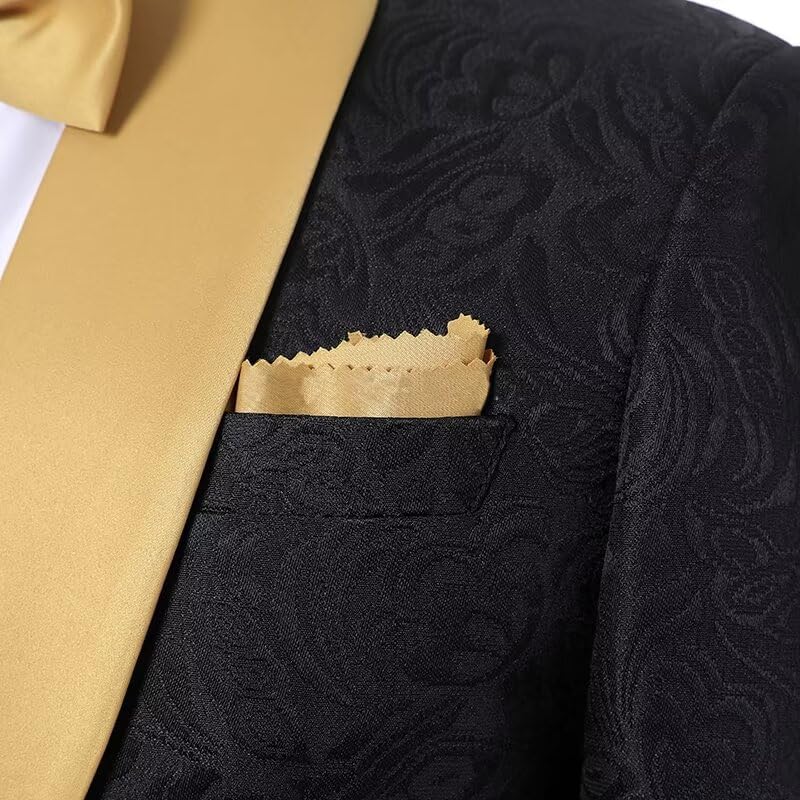 2024 Mens 2 Piece Jacquard Dress Suit Set One Button Tuxedo Blazer & Pants with Gold Lapel Shawl Jacket JXZ0434