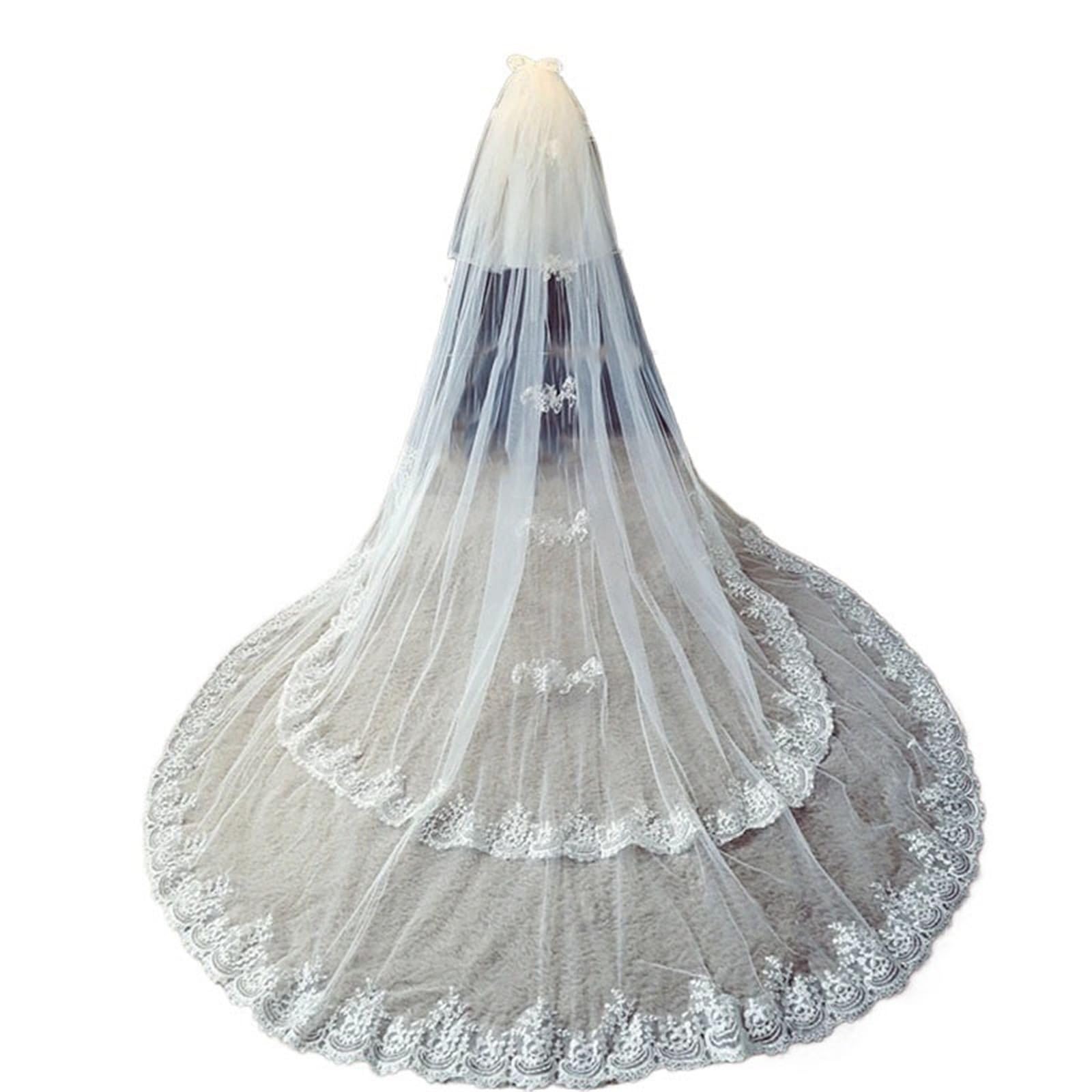 Generisch Brautschleier mit Spitzenapplikation Kathedrale 2-lagiger Hochzeitsschleier Elegante Schleife Hochzeitsaccessoires Mariage Matrimonio