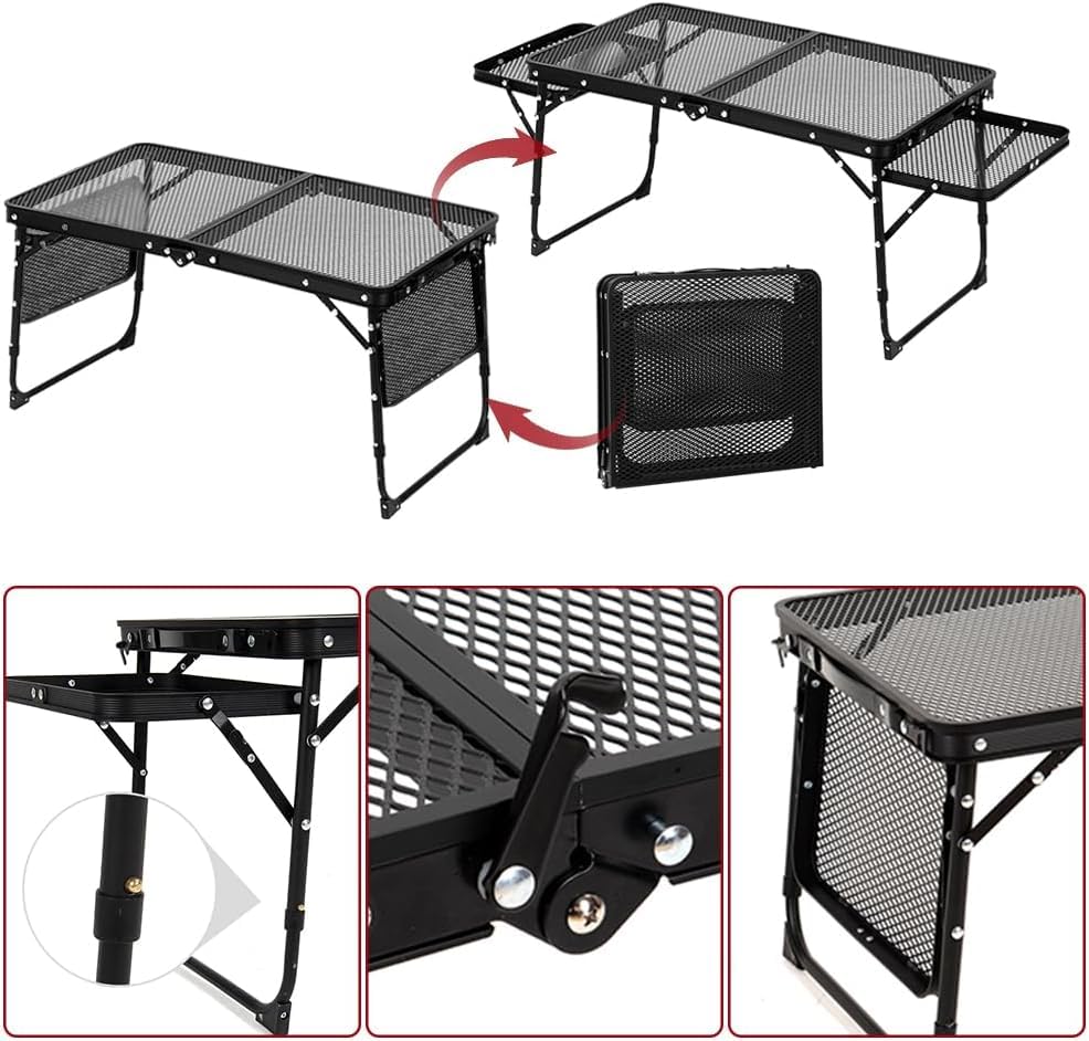 Inllex Outdoor Folding Camping Table with Adjustable Height, Mesh Grill & 2 Wing Panels | Portable Lightweight Aluminum BBQ Picnic Table with Handle for Beach, Travel & Outdoor Cooking 3