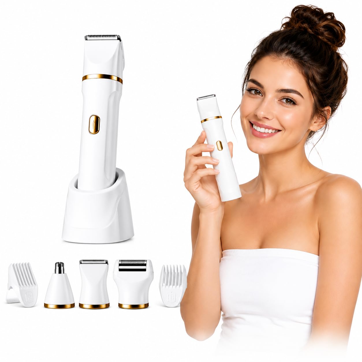 Rasoio elettrico 5 in 1 per bikini, da donna, ricaricabile, impermeabile, per corpo e viso, rasoio indolore per peli pubici con testine intercambiabili, trimmer per naso e viso, ricarica USB, uso