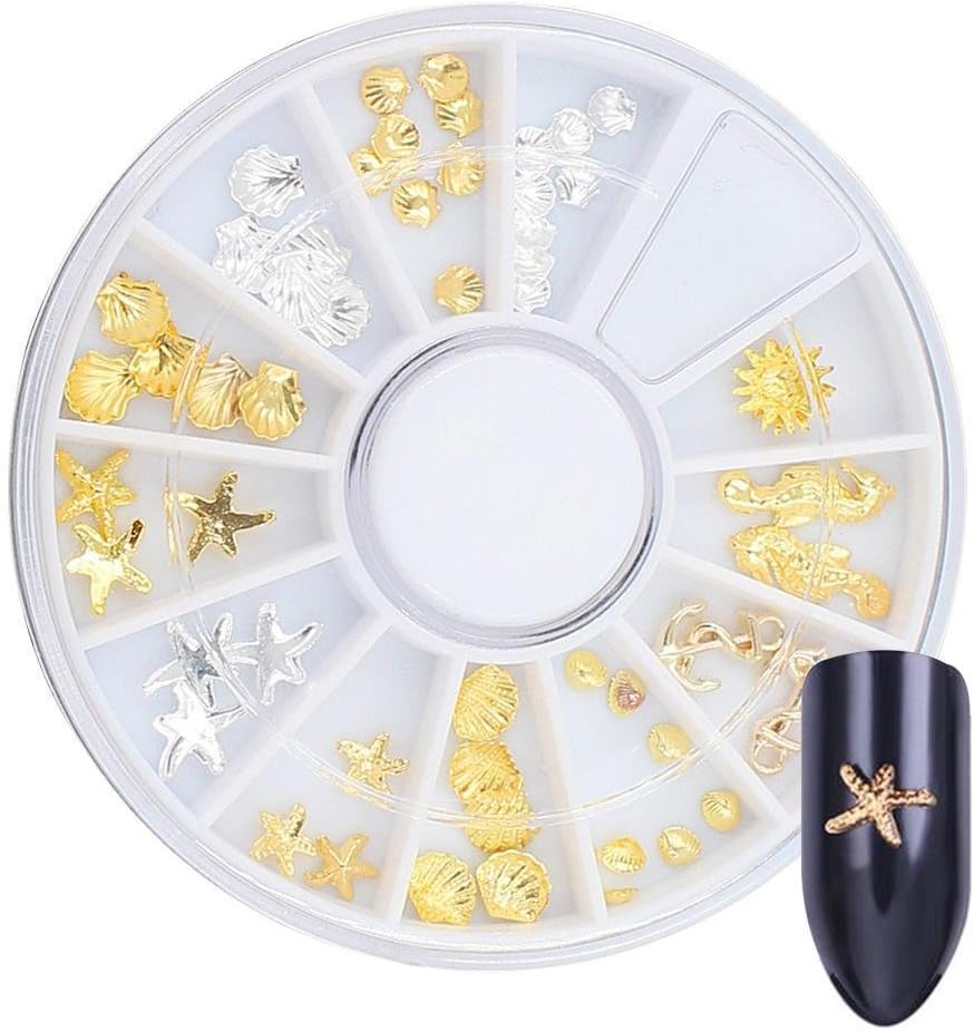 UKZHIDA 1Box Gold Silver Anchor Anchor Rivet Wheel Nail Decorations Mixed Thin Starfish Shell Pattern Ship Alloy Rivet Patch Nail Flakes