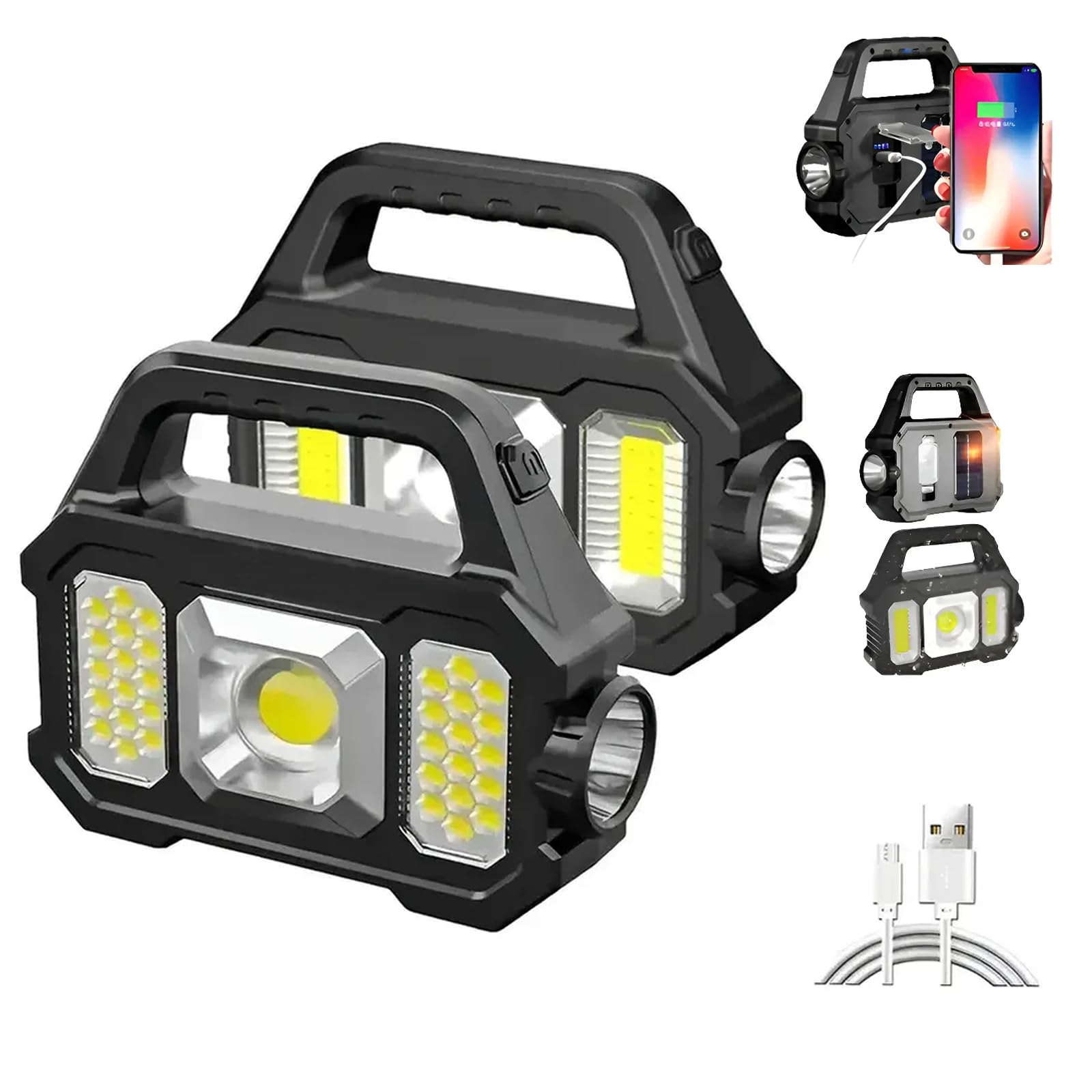 2 Piezas Linterna Led Recargable, Linterna Recargable Solar, Linterna de Alta Potencia, Impermeable, Acampada al aire libre, Senderismo y Situaciones de Emergencia (Plata)