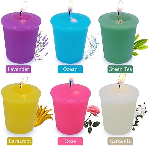 Miniatura 4 de Velas votivas perfumadas, 12 paquetes de velas pequeñas de colores, votivas aromáticas mezcladas a granel, rosa, lavanda, gardenia, bergamota, té