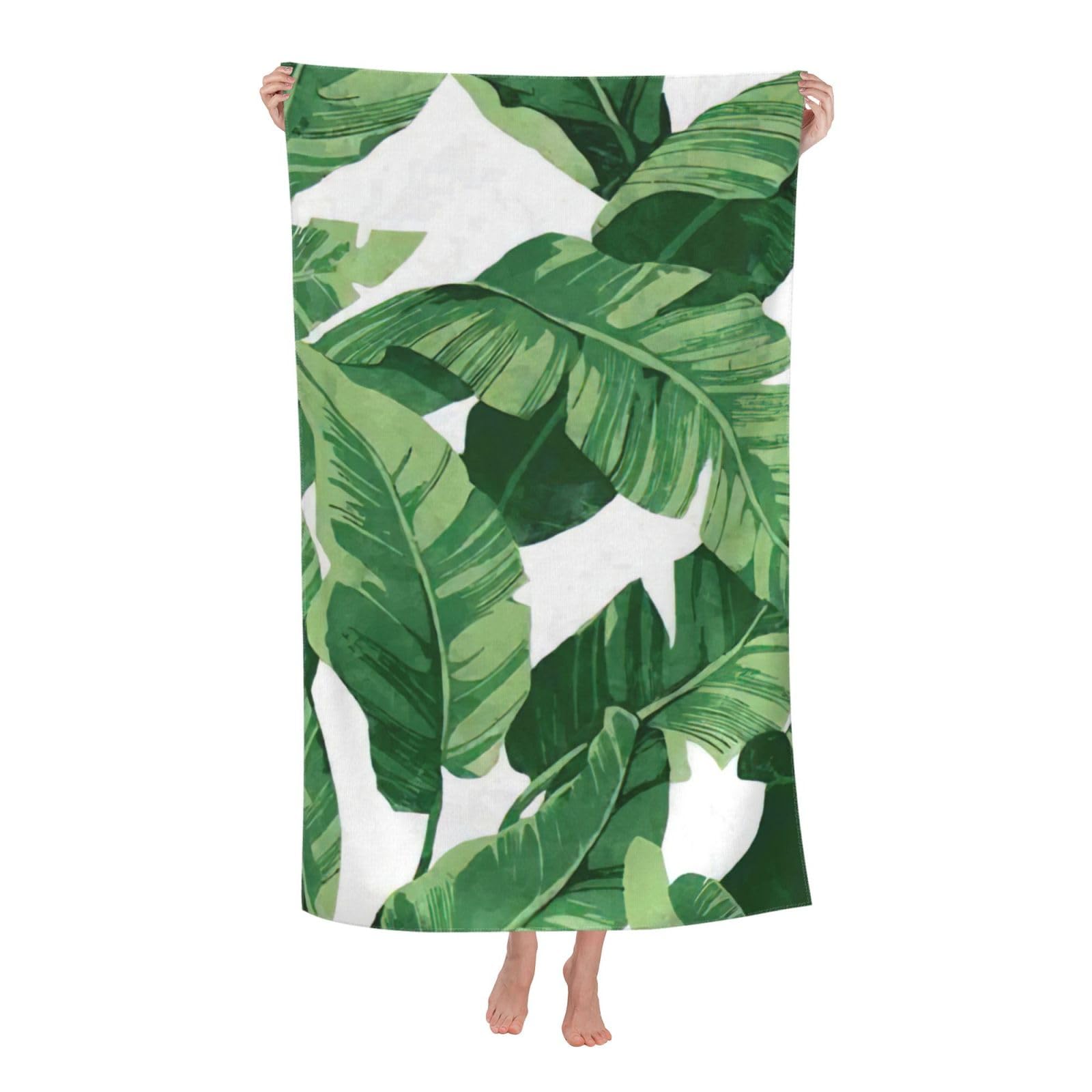 Oazcvbnn Women's White Cute Green Palm Leaves Print Adult Beach Towel Summer Travel Pool Vacation Swimming Fitness Outdoor Adventures