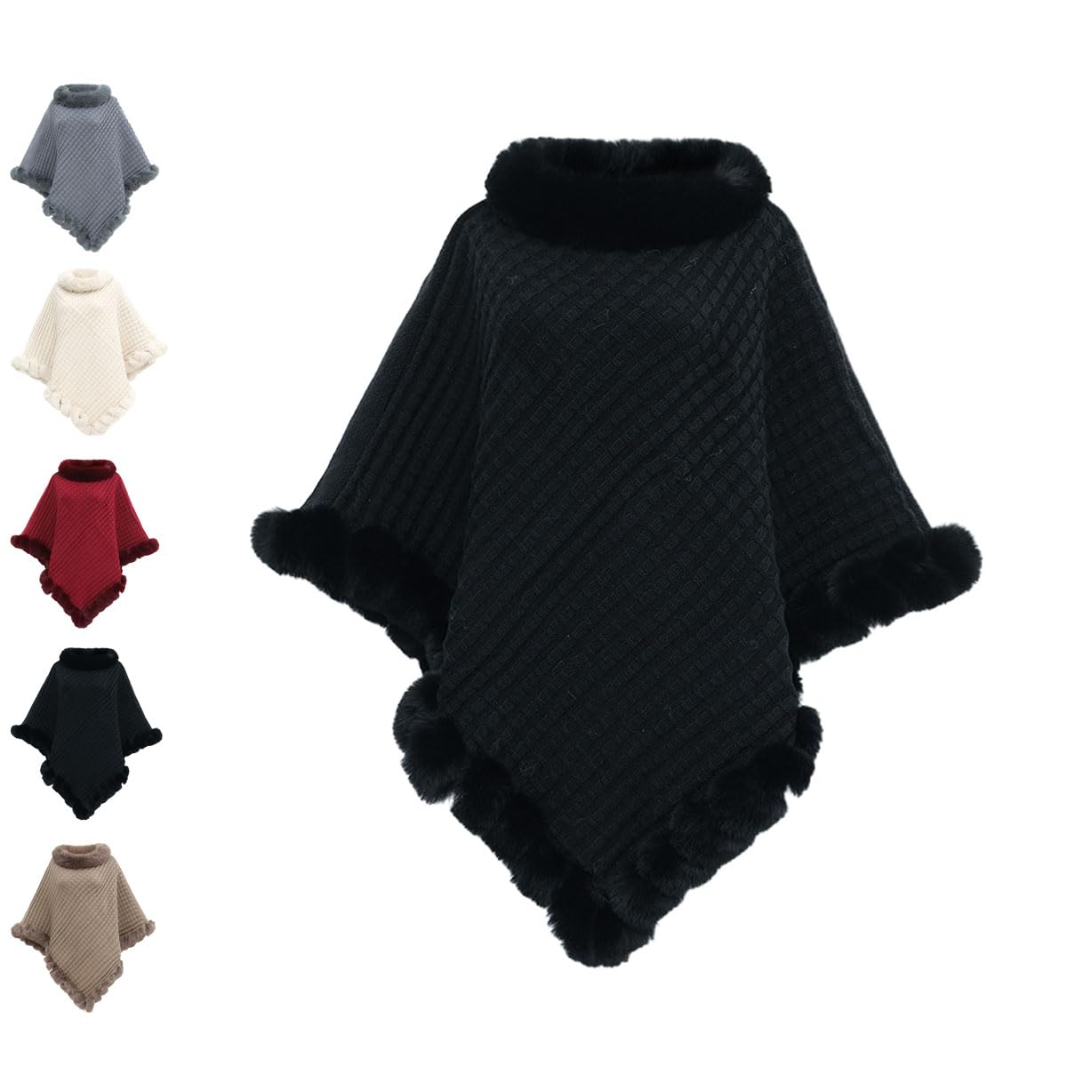 Poncho tricoté pour Femme, Manteau en Fourrure Chaude à Cinq Points pour l'automne et l'hiver